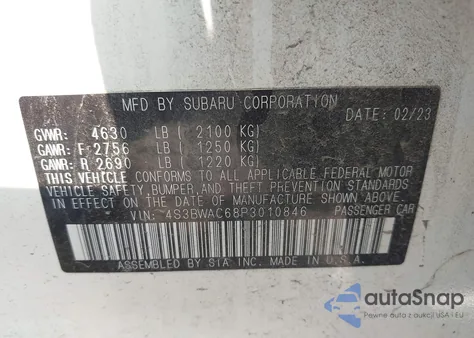 2023 Subaru Legacy Premium из США, поврежденный, VIN 4S3BWAC68P3010846